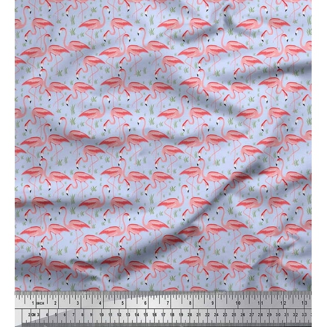 Soimoi Poly Georgette Fabric Grass & Flamingo Bird Printed Fabric 1 Yard 52 Inch Wide
