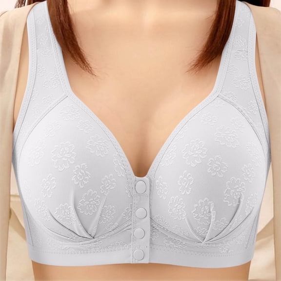 Women's Floral Front Button Bra, Wide Strap V-Neck Full Support Comfortable Soft Cup Wireless Brassiere White Ladies Bralette Convertible M