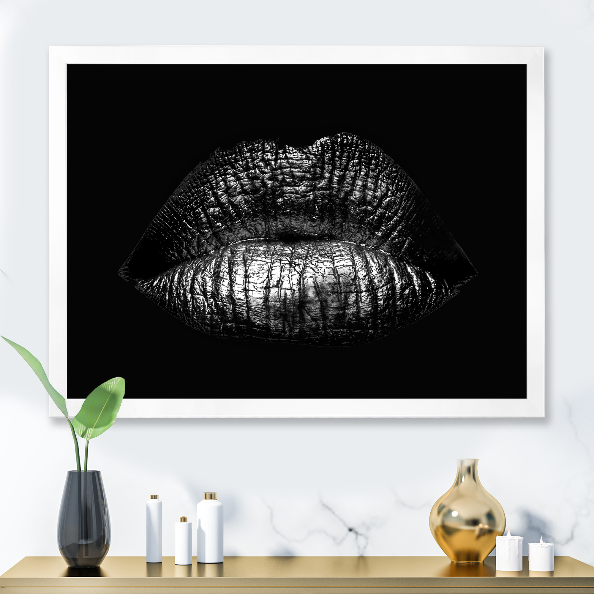 Designart 'Sexy Golden Metallized Woman Lips I' Modern Framed Art Print