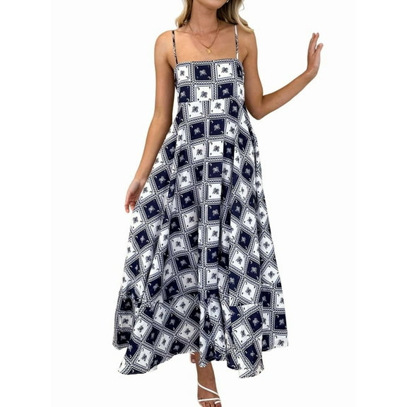 Women Graphic Maxi Dress Spaghetti Strap Floral Boho Long Dress Flowy Summer Holiday Beach Dress Black Squares L