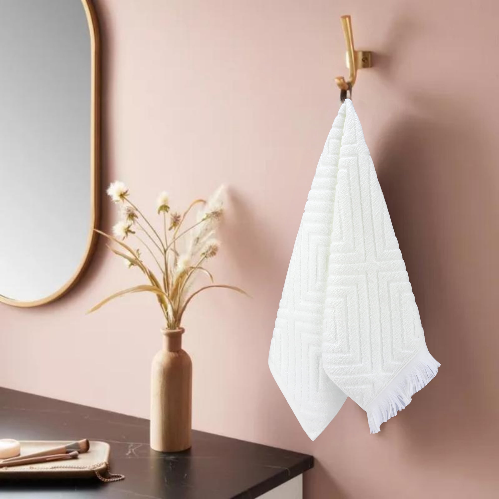 Unique Bargains 4 Pcs Soft Geometric Hand Towels 13" x 29" Beige/White