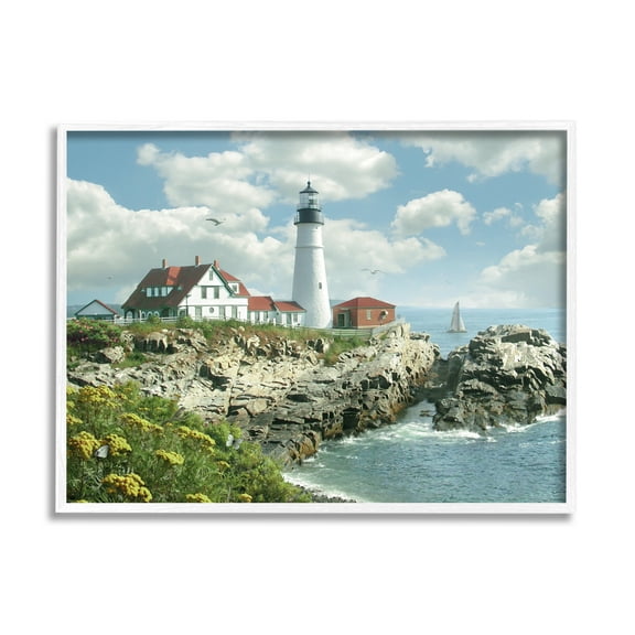 Stupell Industries Portland Head Lighthouse Scene Grassy Ocean Side Peninsula with Sail Boat Graphic Art White Framed Art Print Wall Art, 24x30, by Alan Giana & Company