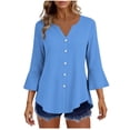 thumbnail image 2 of Craaazy Women's Relaxed Fit V Neck Blouse, Solid Color 3/4 Sleeve Flare Cuff Top, Loose Comfy Button Accent Casual Tee for Spring & Summer Gifts, 2 of 7