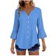 thumbnail image 2 of Craaazy Women's Relaxed Fit V Neck Blouse, Solid Color 3/4 Sleeve Flare Cuff Top, Loose Comfy Button Accent Casual Tee for Spring & Summer Gifts, 2 of 7