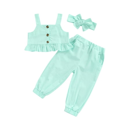 

Suanret Kids Toddler Girls 3Pcs Clothes Suit Sleeveless Ruffled Sling Tops + Pockets Long Pants + Headband Green 3-4 Years