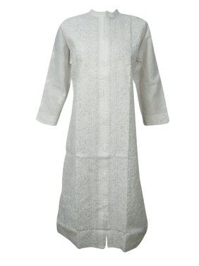 Mogul Women's Beautitul Hand Embroidedred Cotton Long Tunic 3/4 Sleeves Cover Up Caftan Long Dress M