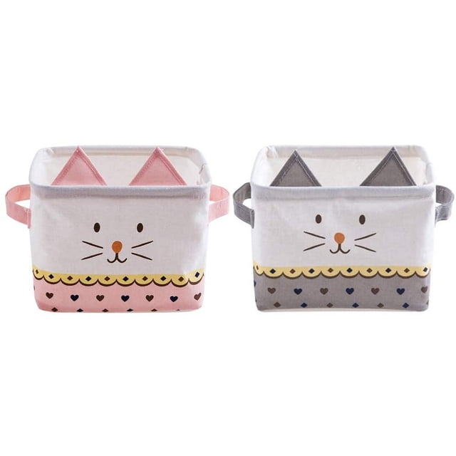 Juego de 2 cestas de almacenamiento plegables de lino y algodón, pequeñas cajas de almacenamiento impermeables para organizar juguetes, accesorios de maquillaje, lindo gato, rosa y gris