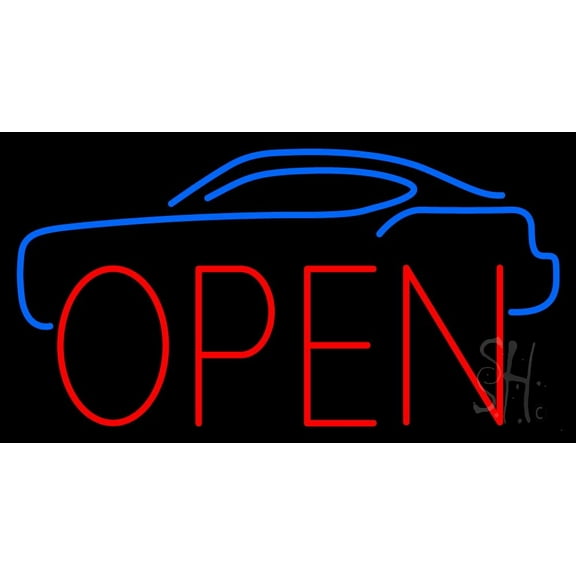 Car Open Block LED Neon Sign 13 x 24 - inches, Clear Edge Cut Acrylic Backing, with Dimmer - Bright and Premium built indoor LED Neon Sign for automotive store, and mall.