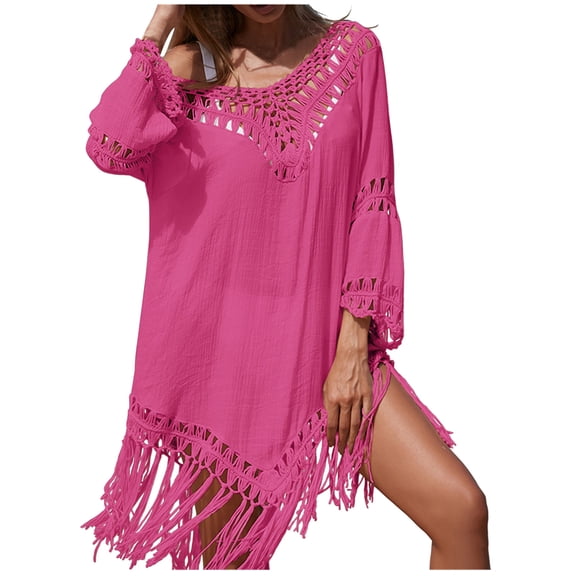 Staron Women's Beach Crochet Coverup Tassel Hollow Out Loose Casual Button Shirt Dress Swimsuit Bikini Cover Up, Hot Pink FREE SIZE