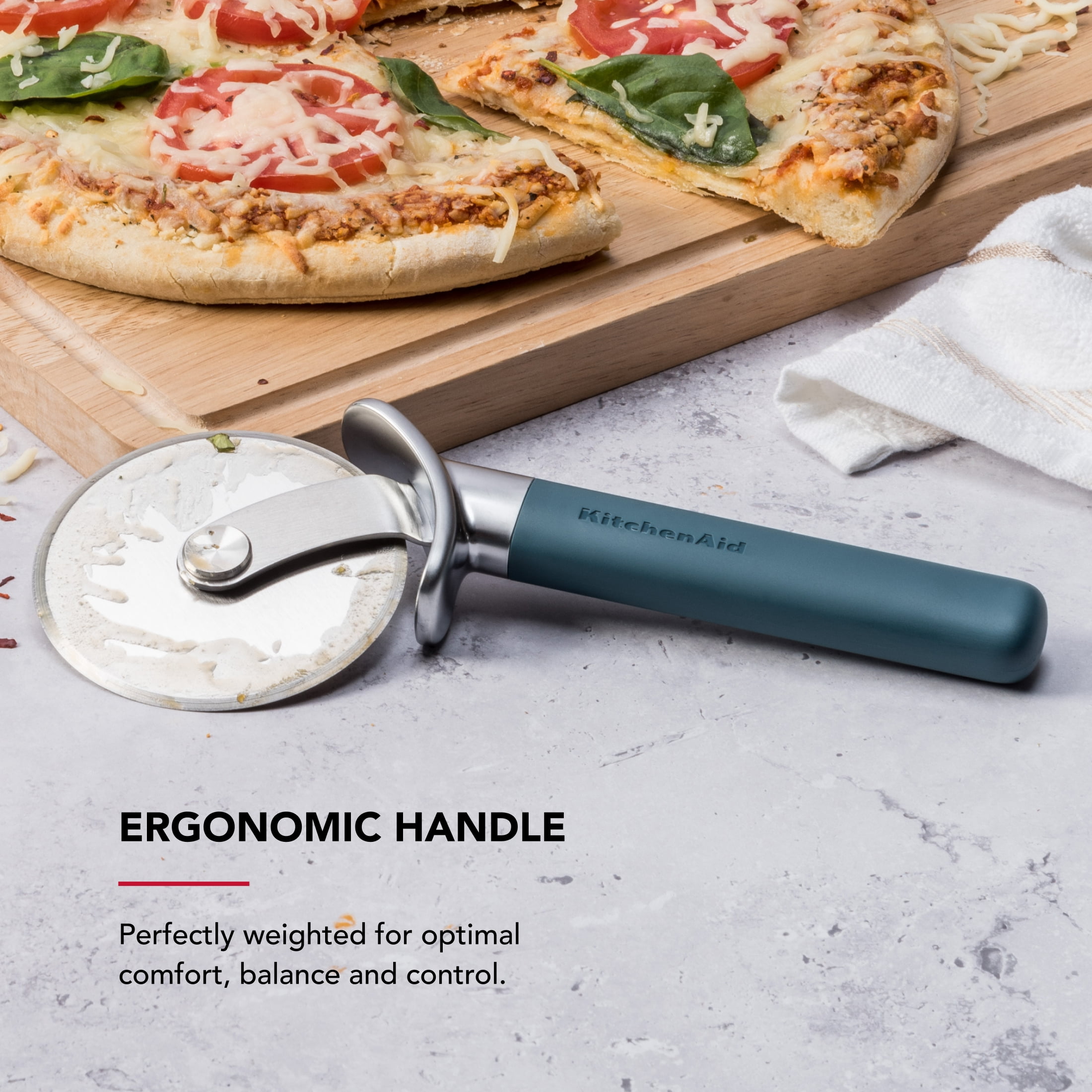 KitchenAid Stainless Steel Pizza Cutter Wheel with Finger Guard and Ergonomic Handle, Agave