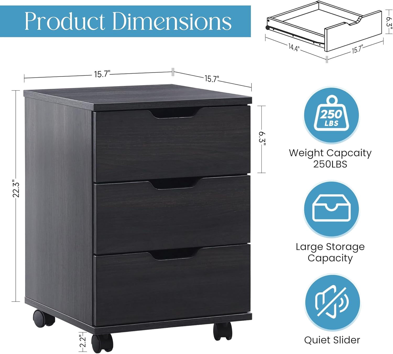 Farini 3-Drawer File Cabinet for Home Office, Mobile Wooden File Cabinet, for Under Desk Storage, Black, Non-Assembled