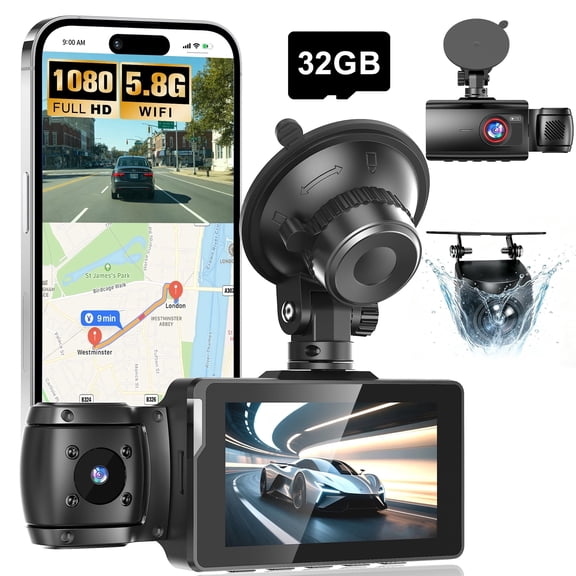 3 Channel Dash Cam Front and Rear Inside with WiFi, 1080P Dash Camera for Cars, Night Vision, Loop Recording, 32GB Card Included, Type-C, Super Capacitor