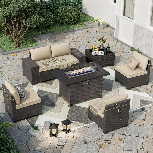 Kullavik Patio Furniture Sectional Sofa Set 7-Pieces PE Rattan Patio Conversation Set w/43in Gas Fire Pit Table, Outdoor Furniture with 55000 BTU Propane Fire Pit, Sand.