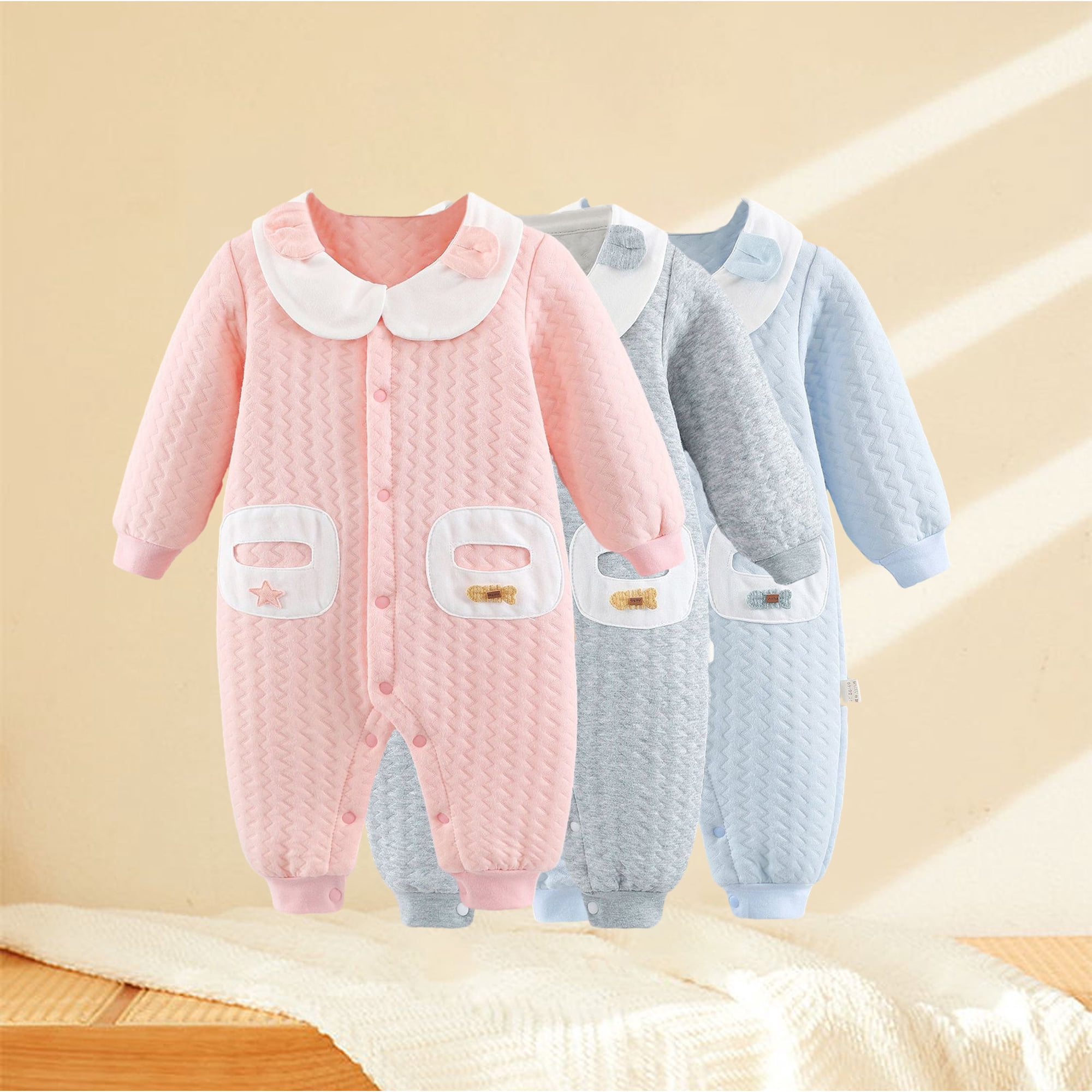 Zwiiyzr Baby Infant Long Sleeve Onesie Boys Girls Cotton Jumpsuit Rompers Fall and Winter Cotton Warm Newborn Crawling Baby Clothes Holiday Birthday Gift Gray