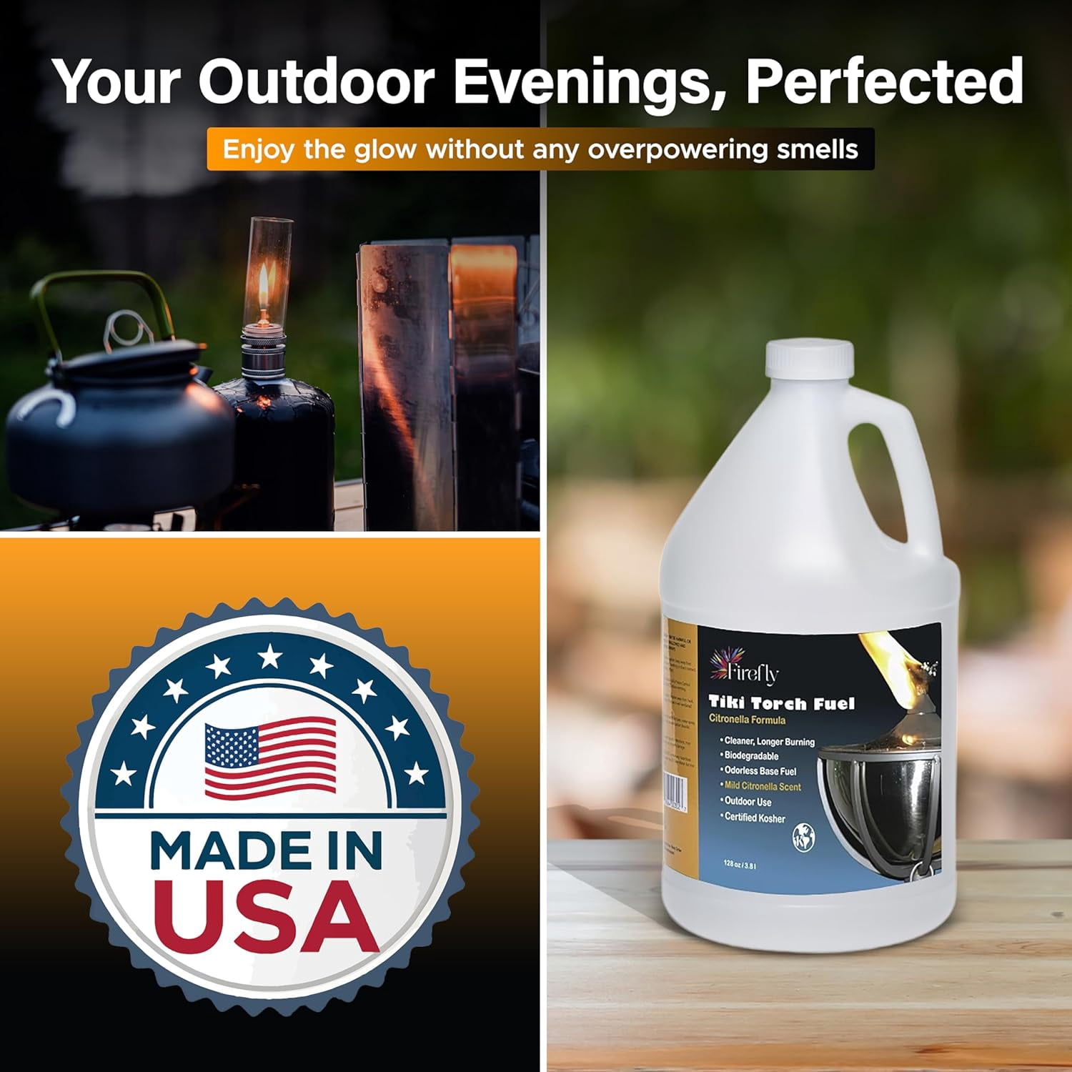 Firefly Fuel Tiki Torch Fuel with Citronella Oil, Eco-Friendly, Long Burn, Less Smoke, 1 Gallon