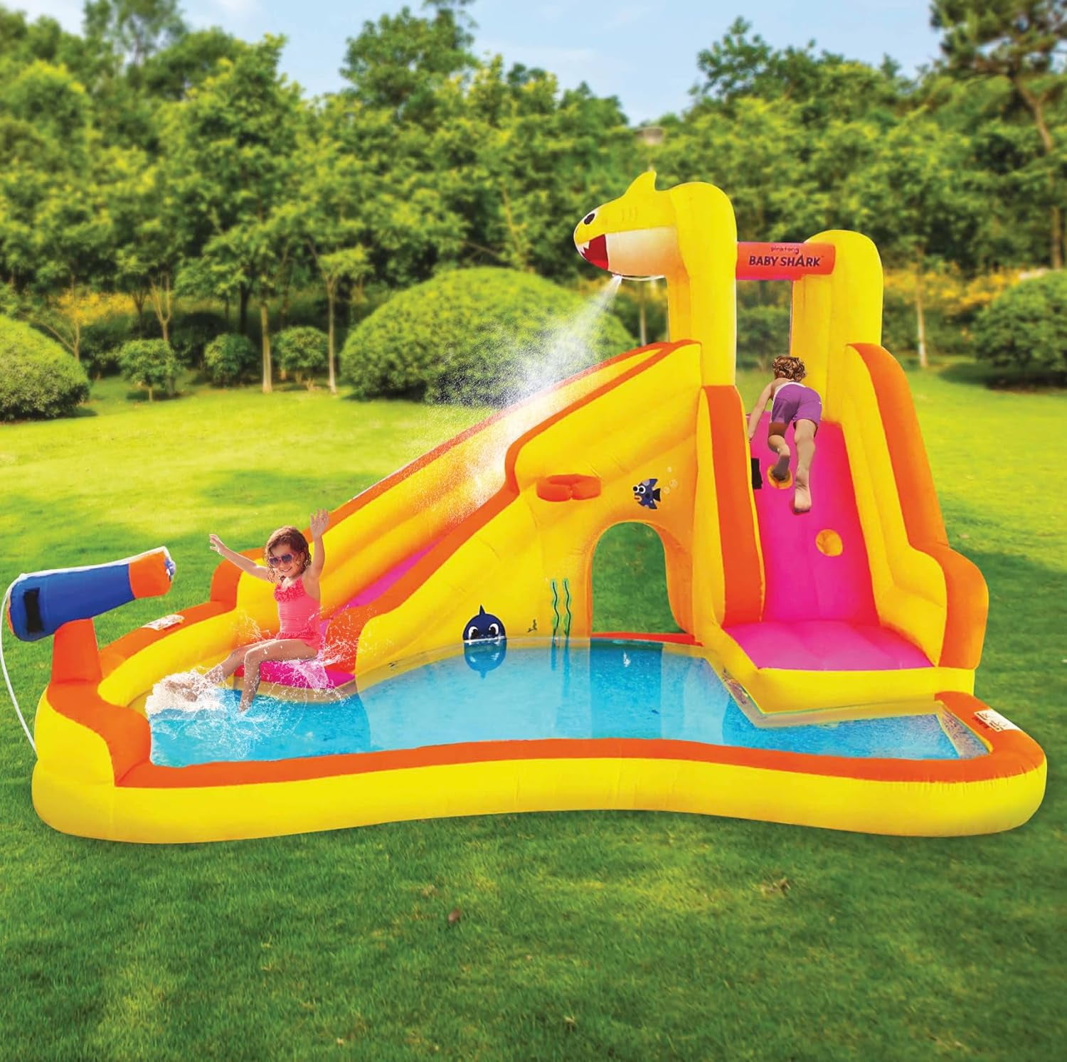 Funormous Baby Shark Bounce House with Slide, Pink Fong Inflatable Water Slide, Party Outdoor Curve Waterslide Fun