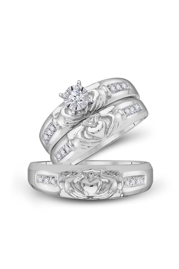 10kt White Gold His Hers Round Diamond Claddagh Matching Wedding Set 1/8 Cttw