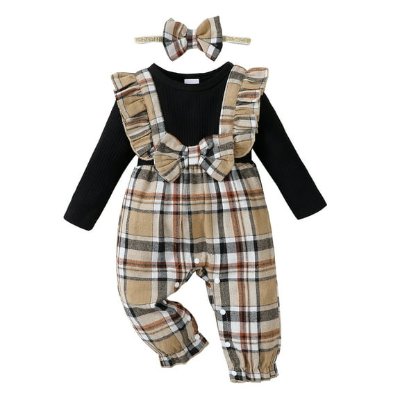12 Months Baby Girls Clothes 18 Months Girls One-piece Bodysuit Infant Girls Long Sleeve Plaid Romper with Headband Black