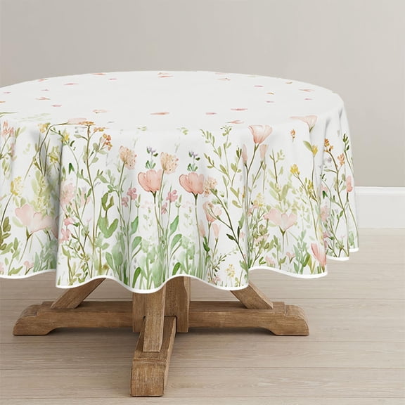 Spring Tablecloth 70×70 Inch Round, Pink Flowers Washable Seasonal Table Cover for Party Picnic Dinner Decor