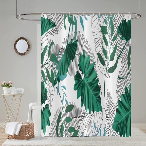 Tropical Shower Curtain, Dark Green Palm Leaves Plants Pattern White Black Branches Botanical Bath Curtains Waterproof Fabric with Hooks for Home Decor, 72Wx84H