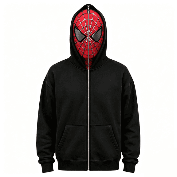 Superhero Cosplay Full Zip Mask Hoodie, Spider Web Print Sweatshirt for Boys Halloween Fancy Dress Party Cosplay