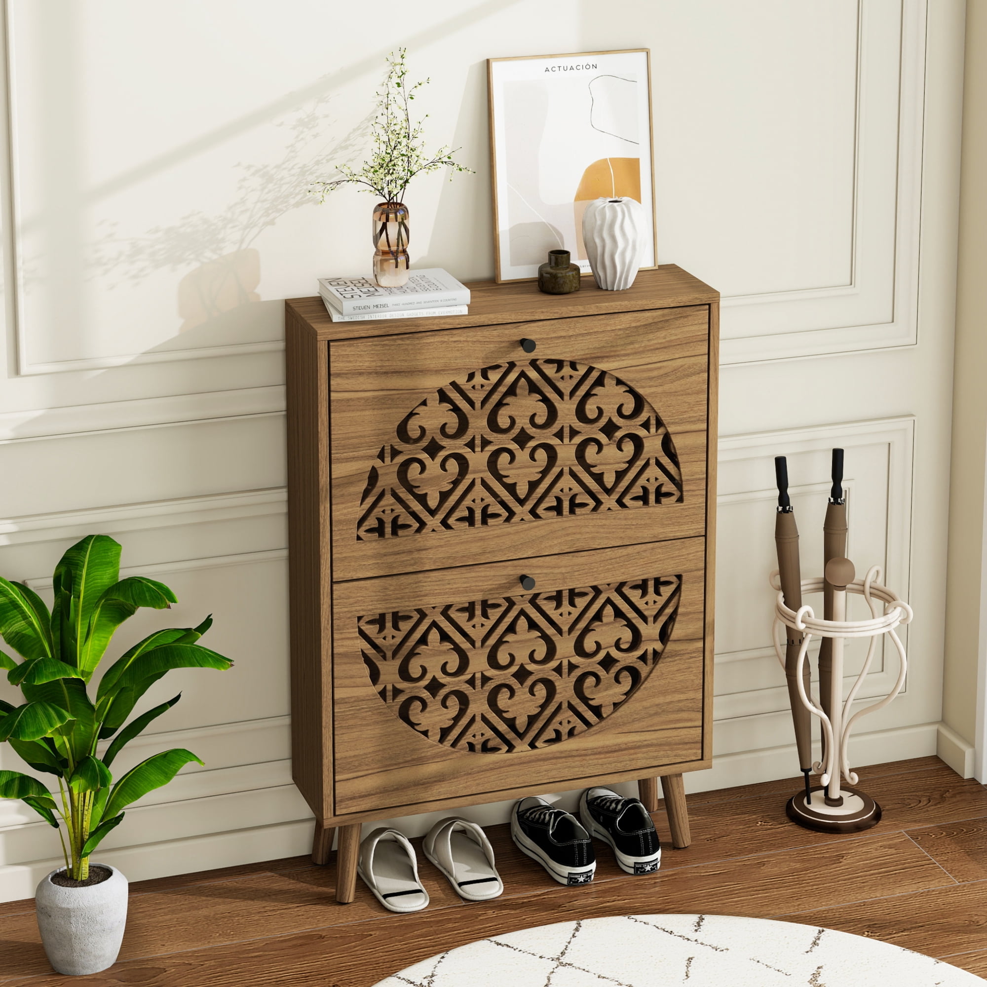 Leumius Narrow Shoe Cabinet with 2 Flip Drawers, Carved Floral Pattern Wooden Shoe Storage Organizer, Freestanding Hidden Shoe Rack for Entryway Hallway Living Room Walnut