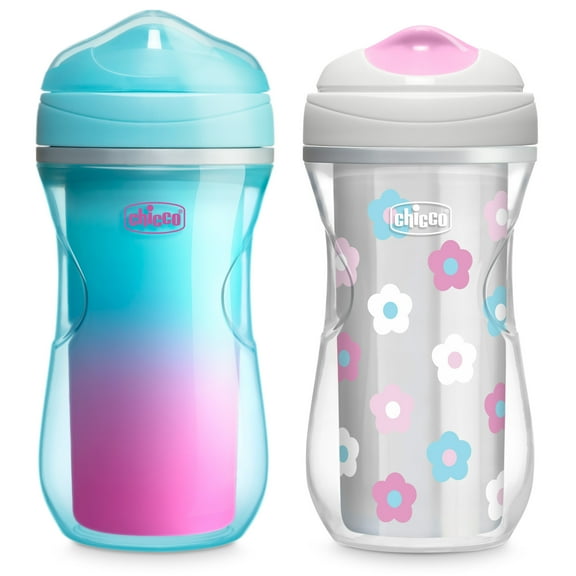 Chicco 9oz. Insulated Rim Trainer with Bite-Resistant Spout and Double-Wall Insulation, 12m , 2-Pack - Teal/Pink/Floral, New