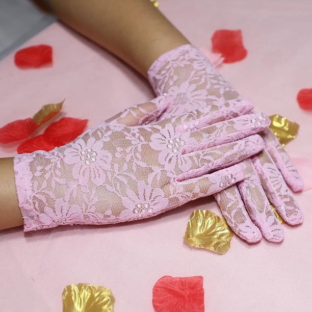 Zhuge 2 guantes de encaje cortos, guantes de encaje floral para bodas, fiestas de té (rosa)