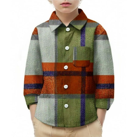 Cethrio Boys Button Down Shirts Plaid Fall Casual Collared Long Sleeve Shirts Army Green Size 6