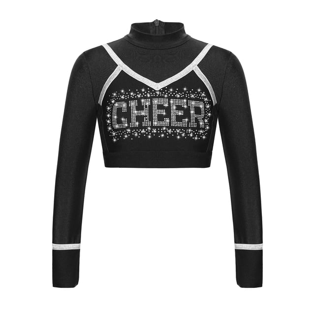 CHICTRY Girls Cheerleading Cropped Tops Shiny Rhinestone Contrast Color Long Sleeve Mock Neck Gymnastic Dance Tee Black 6