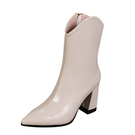 

Fashion Autumn Women Mid Calf Boots Pointed Toe Chunky Heel High Heel Solid Color Zipper Comfortable