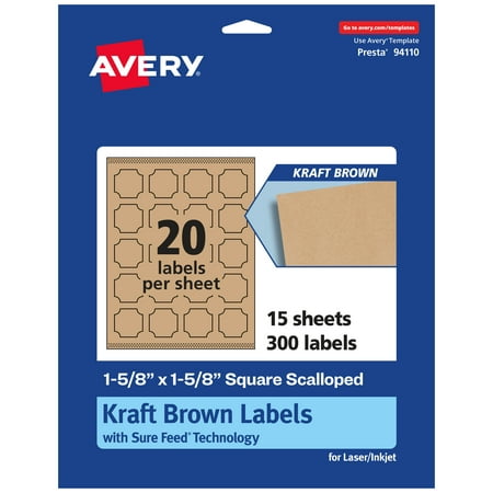 UPC: 0194793918540 | Avery Kraft Brown Square Scalloped Labels with Sure Feed 1-5/8 x 1-5/8 300 Kraft Brown Labels Print-to-the-Edge Laser/Inkjet Printable Labels