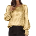 thumbnail image 2 of Womens Blouses with Smocked Cuff Sleeves,Business Casual Dressy Bell Sleeve Crewneck Blouse for Evening Holiday Party, 2 of 7