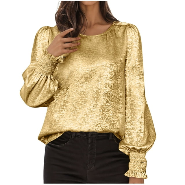 Women's Long Sleeve Tops, Casual Fashion Round Neck Blouse Solid Color Ruffle Shirt, Basic Tee for Fall Everyday Wear, Office Party Outfits