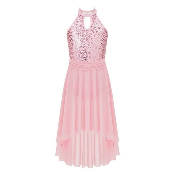 YEAHDOR Big Girls Shiny Sequins Dance Dress Tweens Halter Ballet Lyrical Dance Costume,Sizes 6-16