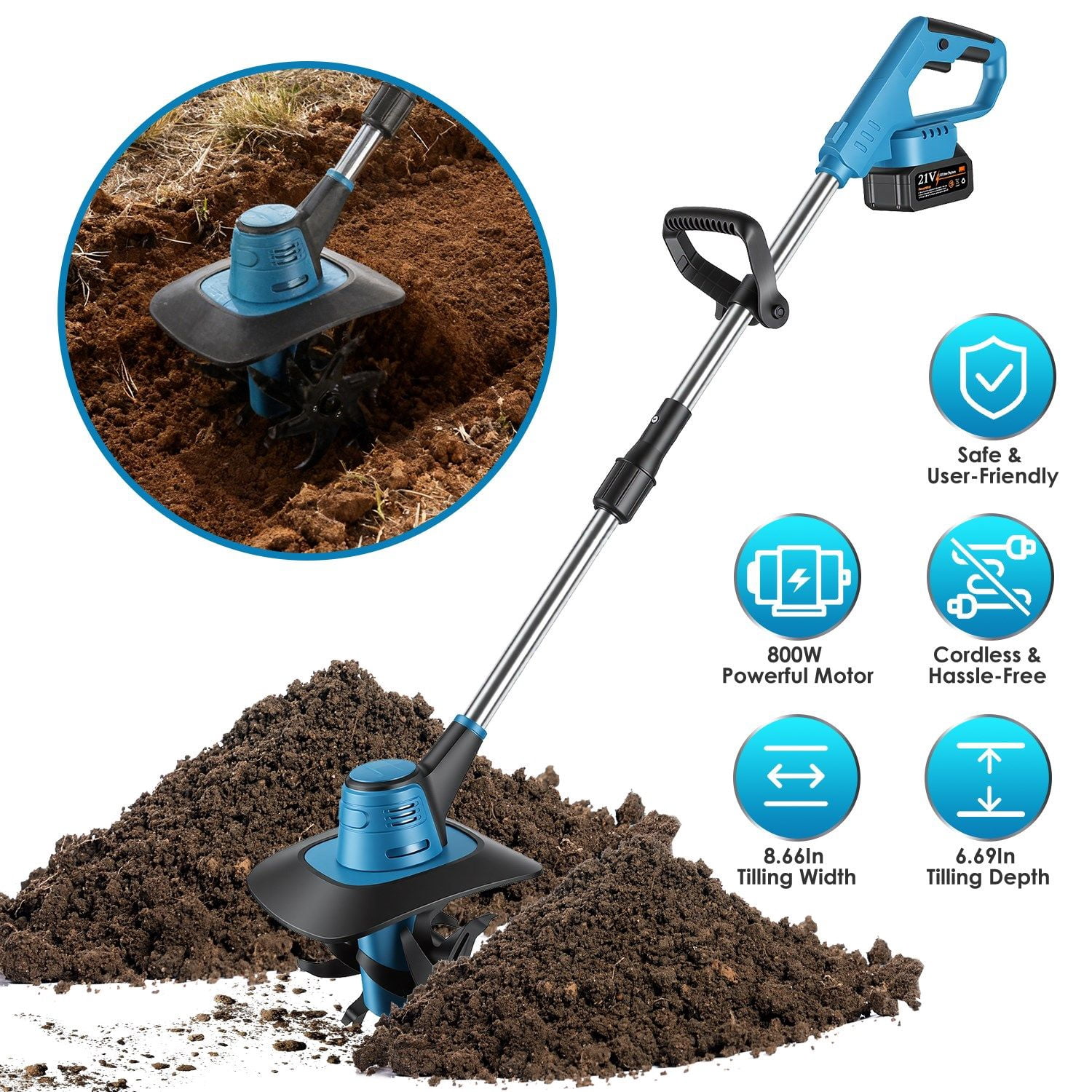 Battery Powered Electric Tiller Cultivator 800W 21V Cordless Garden Tiller 6.69" Till Depth 8.66" Width Manganese Steel Tines for Lawn Weeding Plowing