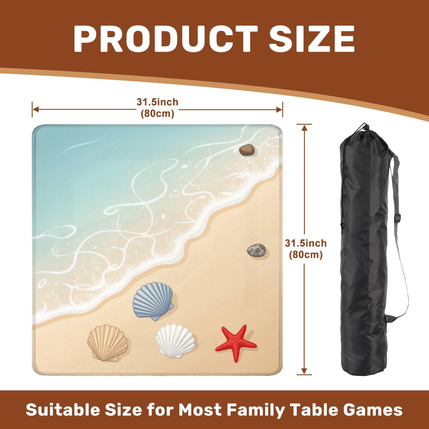 Mahjong Mat 31.5" x 31.5" Seashells Starfish Sandy Beach Gentle Waves Non-Slip Noise Reduction Mahjong Tiles Table Cover for Dominoes Poker Card Board Games Gift