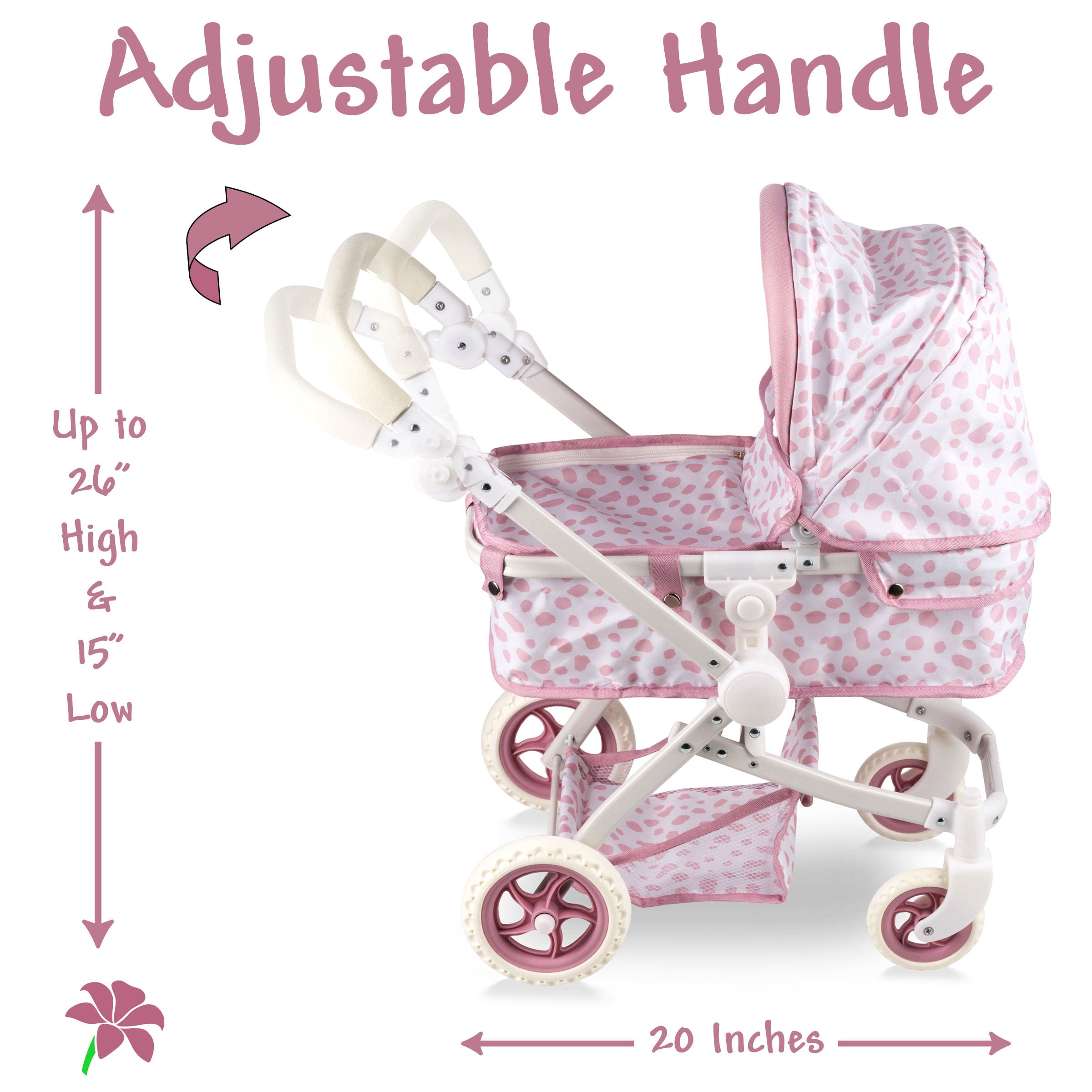 HUSHLILY - Convertible Baby Doll Stroller for Dolls - Bassinet Toy Buggy for Toddlers 3 Years and up, Adjustable Seat & Handle with Storage Basket, Pink Polka Dot Design for Kids