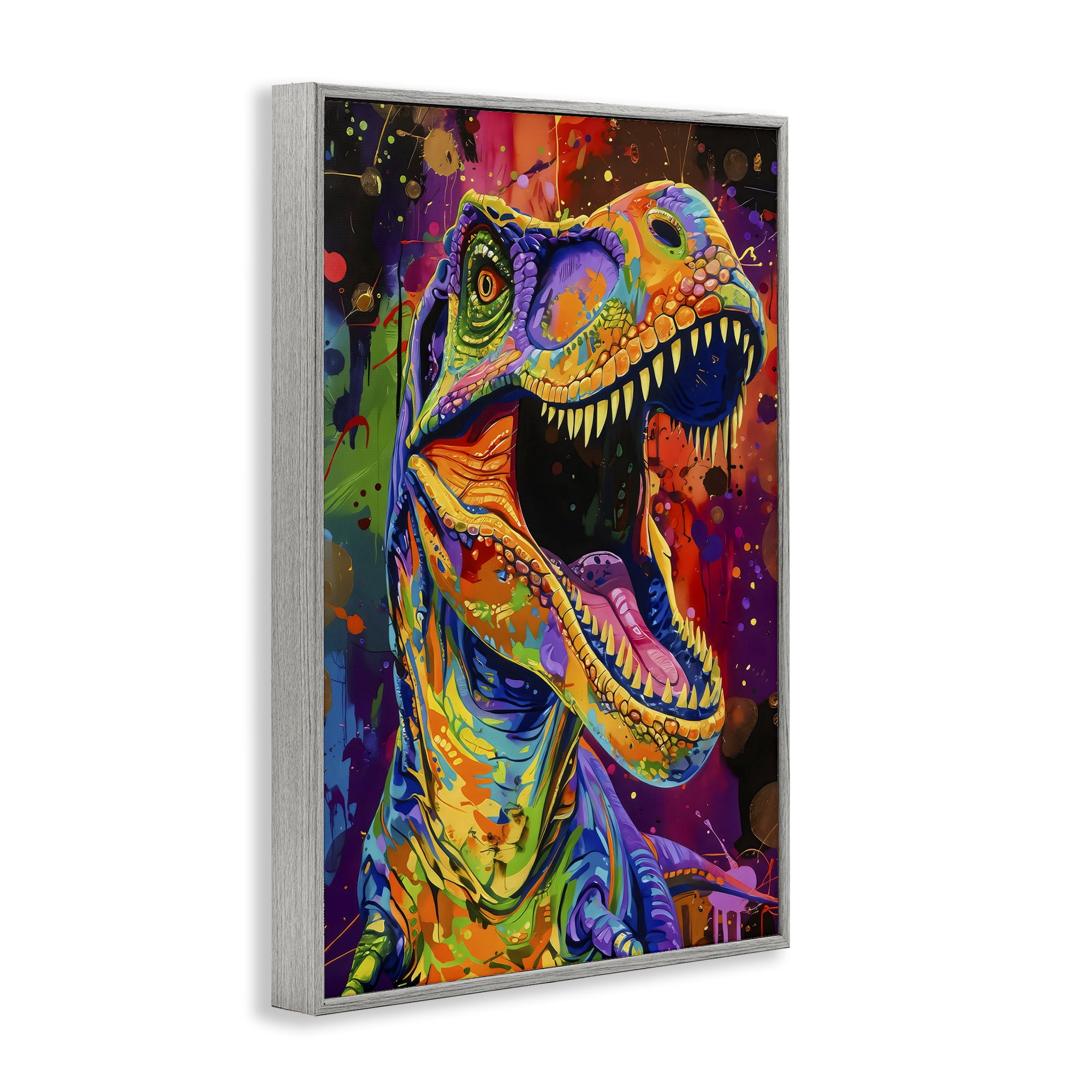 Stupell Industries Paint Splatter Urban T-Rex Gray Framed Giclee Art, design by Creative Studio