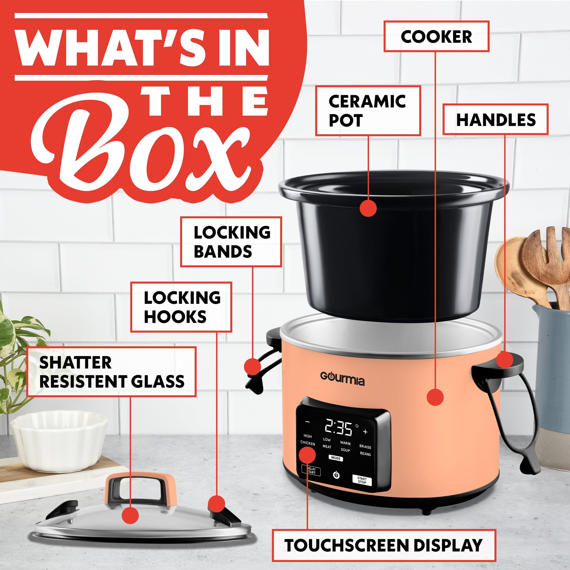 Gourmia 4.5 QT Programmable Slow Cooker, 5 Presets, Keep Warm, Peach