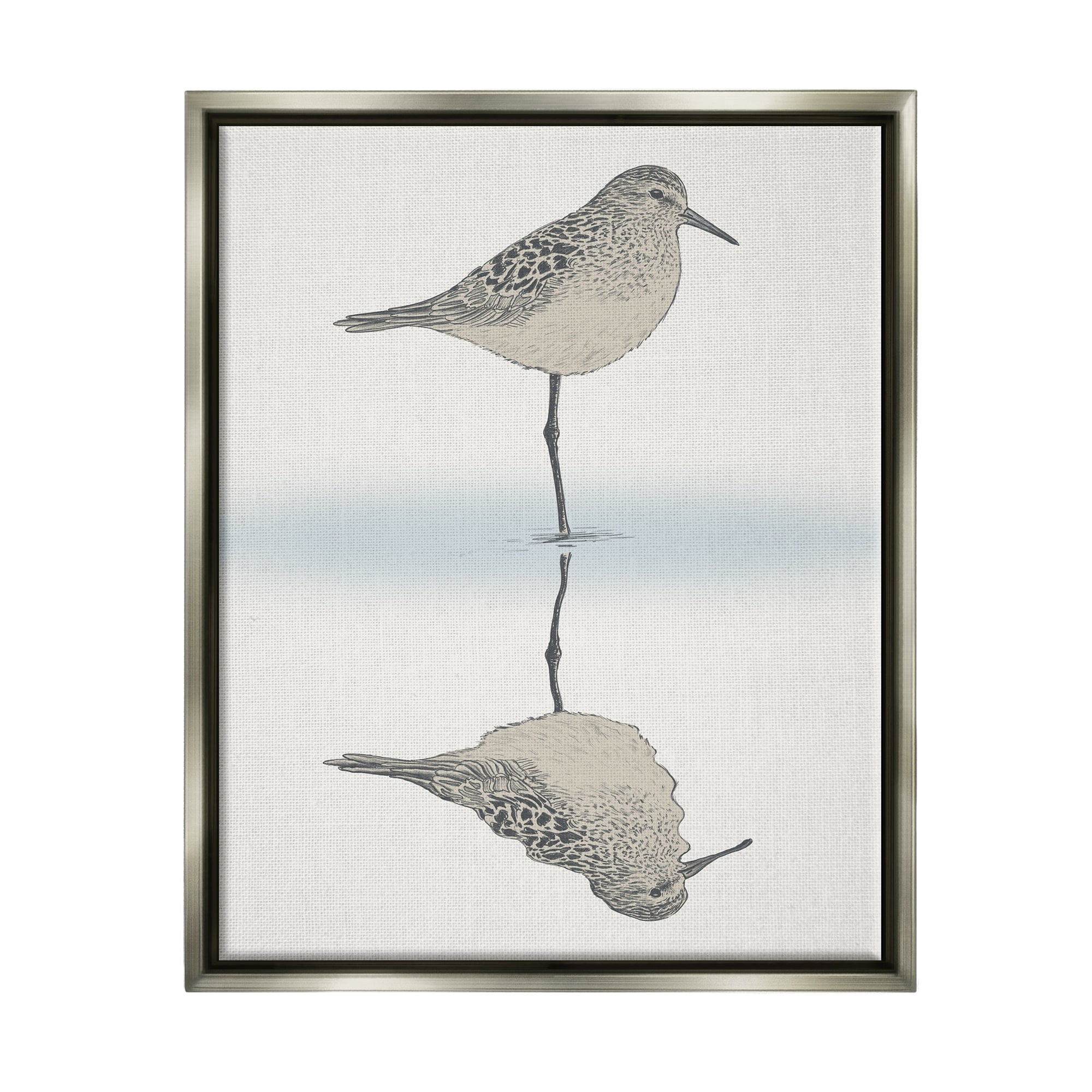 Stupell Industries Soothing Sandpiper Bird Standing Ocean Shoreline Reflection Graphic Art Luster Gray Floating Framed Canvas Print Wall Art, Design by Ziwei Li