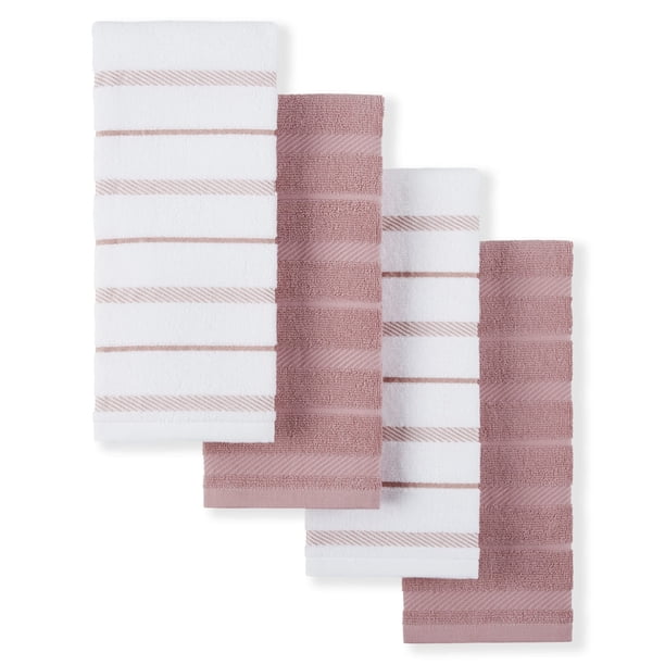 Juego de toallas de cocina KitchenAid Albany, paquete de 4 unidades, color rosa secado/blanco