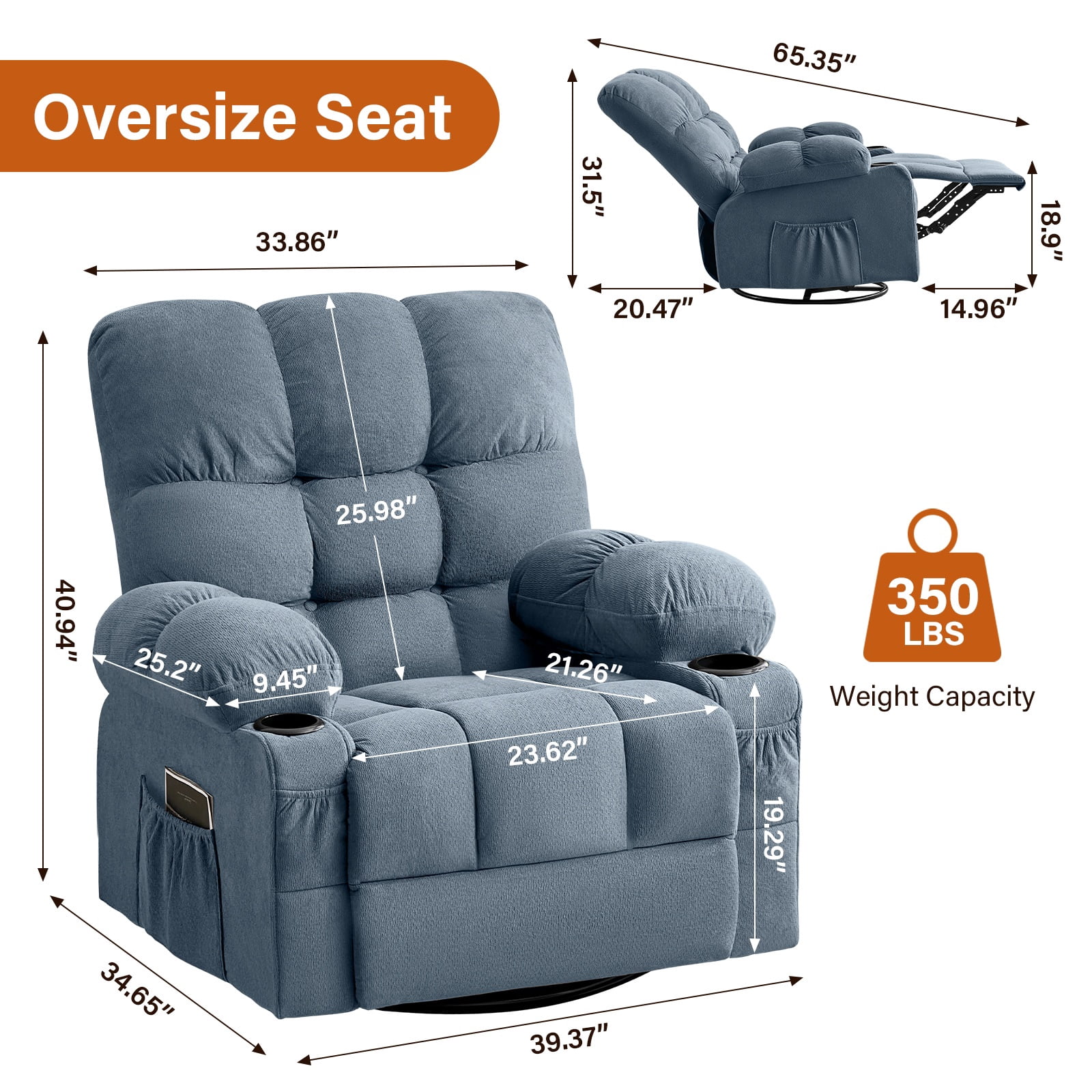 Alvantor Swivel Rocker Recliner Chair with Massage & Heat Single Rocker Sofa with Cup Holders for Bedroom Home Theater Blue