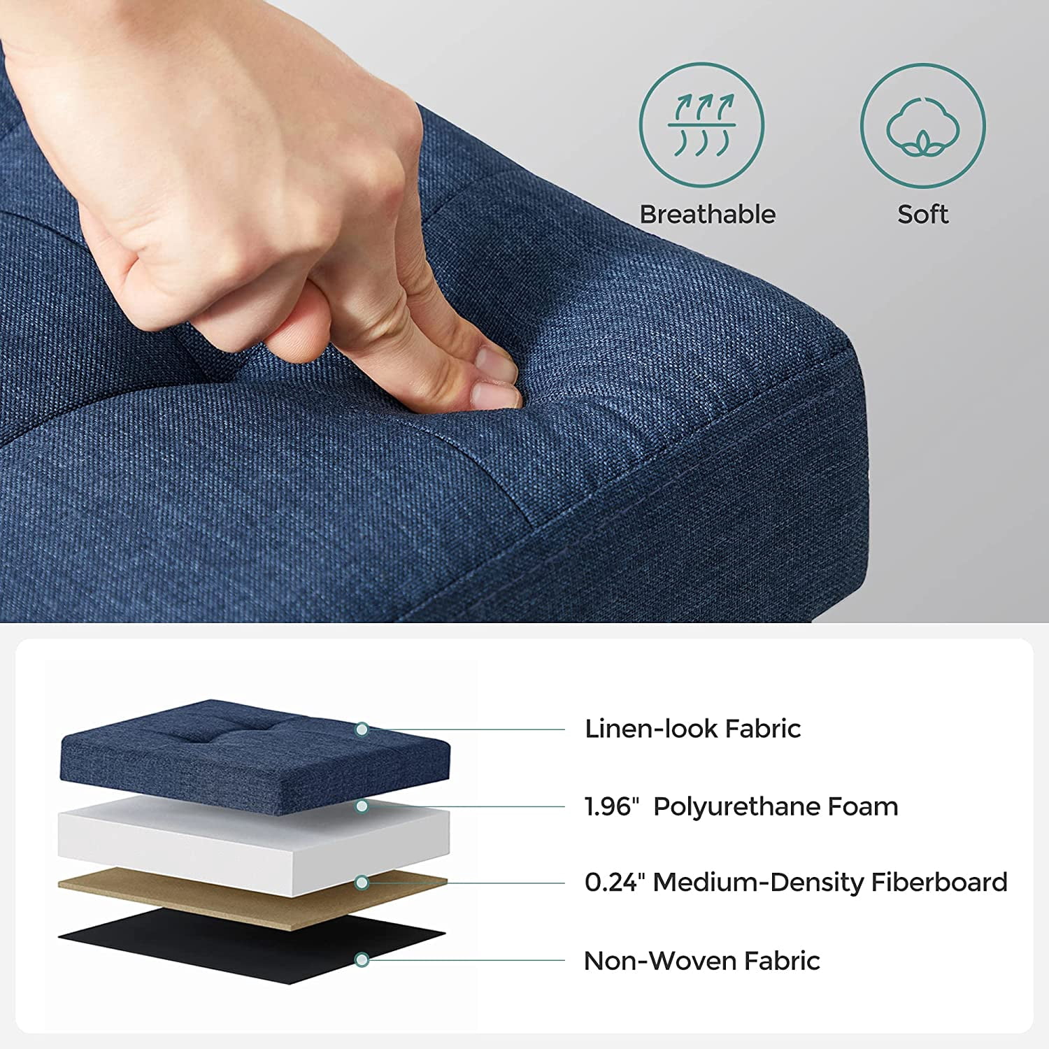 SONGMICS Storage Ottoman, 15" Padded Folding Bench, Chest with Lid, Navy Blue