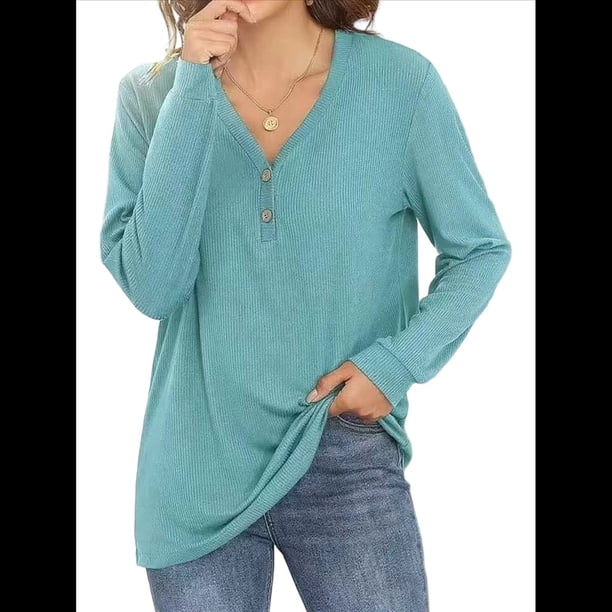 Blusas Tipo Túnica de Larga para Mujer, con Cuello en V, Botones y Ribete Suave, Informales y Holgadas Lago Azul M