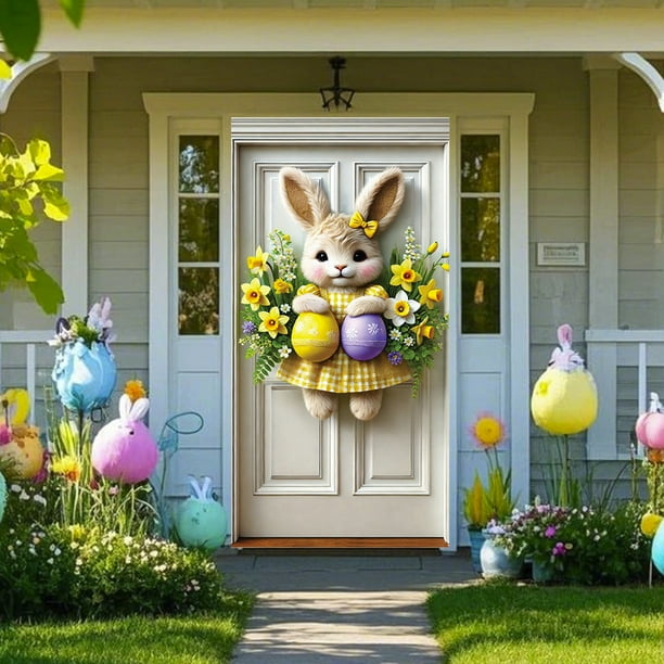 Decoraciones de Pascua, adornos de Pascua, regalos de Pascua, huevos de conejo de Pascua, pancartas para puerta, flores de primavera, lazo azul, diseño pastel para el hogar, decoración navideña para i