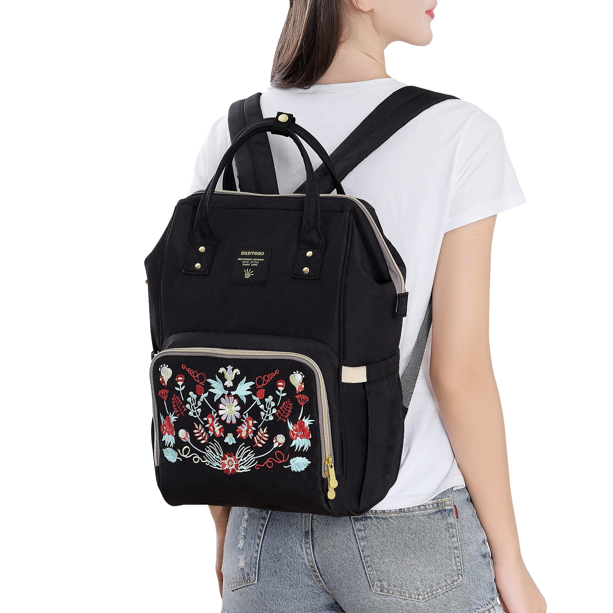 Sunveno Embroidered Backpack Diaper Bag Travel Backpack, Black Flower
