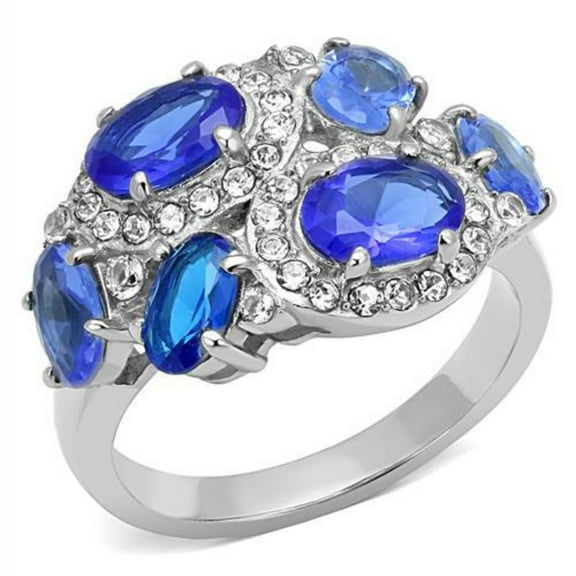 Luxe Jewelry Designs Women's Stainless Steel Pave Ring with Sapphire Blue Synthetic Glass Stones -