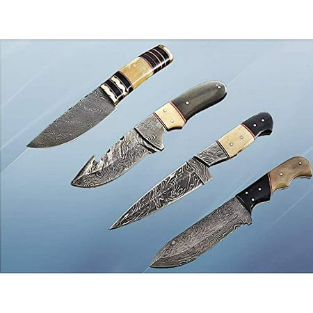 4 Pieces Damascus Steel Skinning Knives Set. Overall 36 inches Long Damascus Steel Blade Knives. Camel Bone & Bull Horn Scale, Each Knife Comes with Cow Hide Leather Sheath