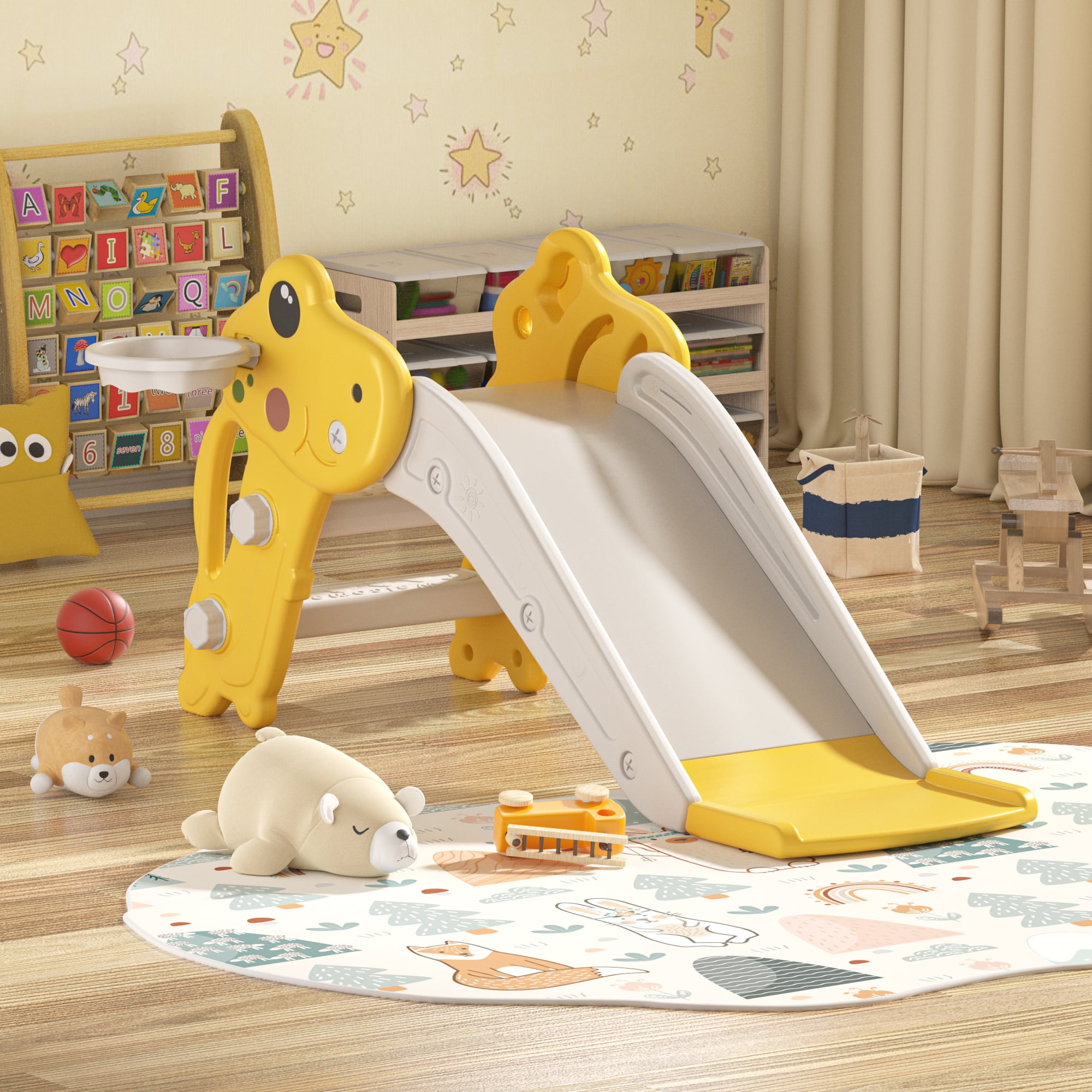 Kepooman 3 in 1 Toddler Slide Kids Slide, 42.9" Frogs Play Slide for Outdoor and Indoor, Play Slide with Basketball Hoop, Ball and Ladder, Yellow+Gray Kepooman 3 in 1 Toddler Slide Kids Slide, 42.9" Frogs Play Slide for Outdoor and Indoor, Play Slide with Basketball Hoop, Ball and Ladder, Yellow+Gray